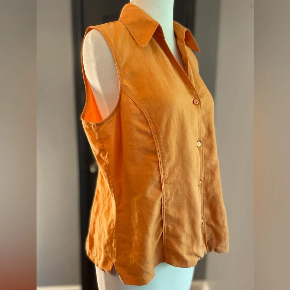 100% Linen Orange Sleeveless Beach Summer Button-Up Top - Picture 2 of 7